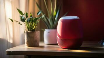 kabellos tragbar Lautsprecher und Vase mit Pflanze Ast auf Tabelle im Zimmer. ai generativ foto