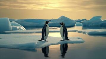 zwei süß Kaiser Pinguine verwirrt durch Eis schmelzen, Welt global Planet Klima ändern. generativ ai foto