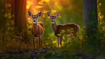 Hirsch und Damhirschkuh im das Wald beim Sonnenuntergang, im das Stil von fotorealistisch Porträts, generativ ai foto