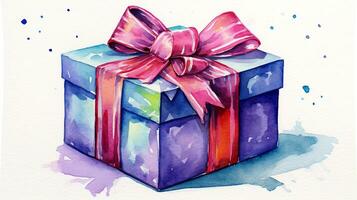 Geschenk Box Aquarell Gemälde auf Weiß Hintergrund. stilvoll Geschenk Verpackung, festlich Konzept. foto