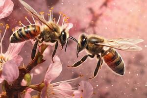 Bienen sind bringen Pollen zurück zu das Bienenwabe. Arbeiter Biene. generativ ai foto