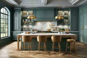 modern Küche mit Blau Kabinett ai generiert foto
