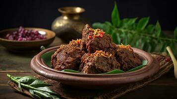 Rendang ist ein indonesisch Westen Sumatra würzig Fleisch Das schleppend gekocht im Kokosnuss Milch und gemischt Gewürze, serviert während festlich Veranstaltungen mögen Hochzeit, eid al fitr und eid al Adha, ai generativ foto