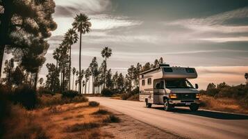 Straße Abenteuer auf ein Wohnmobil, ein exotisch nett von draussen Erholung. generativ ai foto