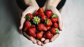 reif lokal produzieren organisch Erdbeere. jung Frau halten Haufen von rot Beeren im Hände. frisch gesund vegan Diät Essen zum Frühling Entgiftung. Früchte Hintergrund. sauber Essen Konzept. generativ ai foto