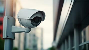 cctv auf das Mauer im das Stadt. Sicherheit Kamera auf modern Gebäude. Fachmann Überwachung Kameras. generativ ai foto