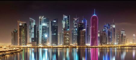 Panorama- Aussicht zu das modern Horizont von das Stadt Center Westen Bucht von Doha, während Nacht Zeit, generativ ai foto