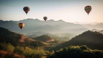 bunt heiß Luft Luftballons fliegend Über Berg schön Himmel Hintergrund, generativ ai foto