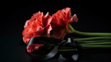 schwarz Beerdigung Band mit Nelke Blumen, ai generativ foto