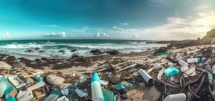 Strand voll von Müll und Plastik Abfall. Umwelt und recyceln Konzepte. generativ ai foto