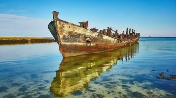 Ruinen von alt Schiffswrack auf Meer flach mit Löcher im Planke, unter Himmel. generativ ai foto