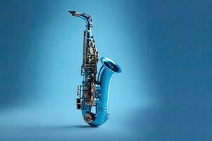 Saxophon isoliert auf Blau Hintergrund. Musik- Konzept. generativ ai foto