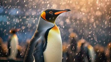 ein König Pinguin Blicke himmelwärts wie Schnee Stürze sanft. im das Hintergrund, andere Mitglieder von das Pinguin Kolonie ebenfalls genießen das Selten Süd Georgia Sommer- Schnee. generativ ai foto