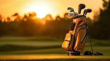 Golf Verein Tasche zum Golfspieler Ausbildung und abspielen im Spiel mit Golf Kurs Hintergrund beim Sonnenuntergang. Golfspieler. generativ ai foto