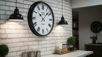 groß Uhr hängend auf Weiß Backstein Mauer im Küche, generativ ai foto