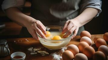 Frau knacken Eier in Schüssel zum Kochen Gebäck, generativ ai foto