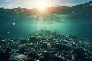 Müll von Plastik Flaschen im das Meer ,generativ ai foto