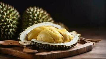 Durian Obst auf hölzern Hintergrund, Durian das König von Früchte, generativ ai foto