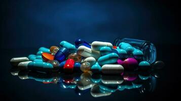 viele anders bunt Medikation und Tabletten Perspektive Sicht. einstellen von viele Tabletten auf farbig Hintergrund. ai generativ foto