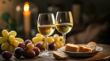 Wein Brille von Jahrgang Chardonnay mit köstlich Vorspeisen. Paar von Brille von Weiß Wein, Italienisch Grissini, Feigen und Trauben. ai generativ foto