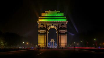 schön Indien Tor beim Nacht mit mehrfarbig Beleuchtung. diese Wahrzeichen ist einer von das Main Sehenswürdigkeiten von Delhi und ein Beliebt Tourist Ziel. generativ ai foto