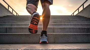 ein Läufer tragen Turnschuhe und Laufen Schuhe, Gehen oben Stufen, im das Stil von Hintergrundbeleuchtung, generativ ai foto