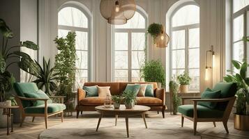 Innere von Licht Leben Zimmer mit Sofa, Stühle und Zimmerpflanzen, generativ ai foto