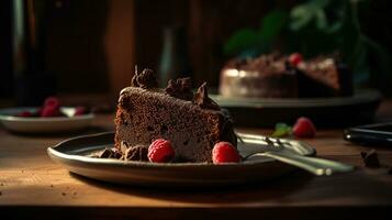 Teller mit Scheibe von lecker hausgemacht Schokolade Kuchen auf Tisch, generativ ai foto