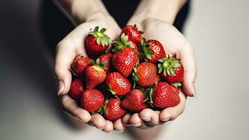 reif lokal produzieren organisch Erdbeere. jung Frau halten Haufen von rot Beeren im Hände. oben Sicht, sauber Essen Konzept. generativ ai foto