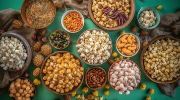 festa junina Party Hintergrund mit Popcorn, Erdnüsse und traditionell Süßigkeiten. Brasilianer Sommer- Ernte Festival Konzept. oben Sicht, generativ ai foto