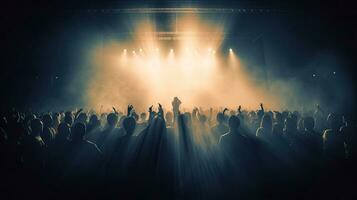 Silhouette von Konzert Menge im Vorderseite von hell Bühne Beleuchtung. dunkel Hintergrund, Rauch, Konzert Scheinwerfer, Disko Ball. Menge beim Konzert. generativ ai foto