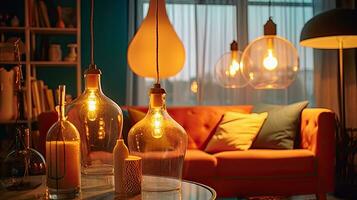 Innere von Licht Leben Zimmer mit Lampen. Idee zum Innere Design. generativ ai foto