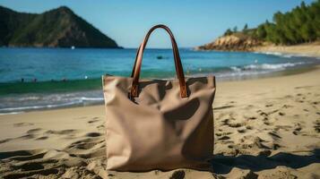 ein einfach umweltfreundlich Stoff Tasche auf das Hintergrund von das Strand auf das Meer foto