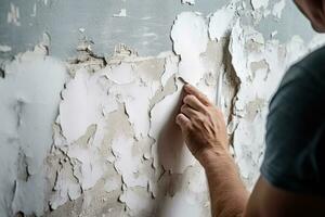 alt Peeling Farbe auf ein Wand, umgestalten Renovierung im ein Wohnung foto