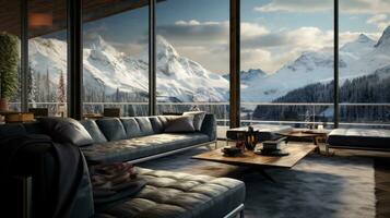 Urlaub Leben Zimmer mit ein Fenster mit Blick auf schneebedeckt Berge foto