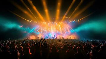 Silhouette von Konzert Menge im Vorderseite von hell Bühne Beleuchtung. dunkel Hintergrund, Rauch, Konzert Scheinwerfer, Disko Ball. Menge beim Konzert. generativ ai foto