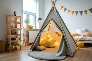 süß Tipi Zelt im ein Kinder abspielen Zimmer. foto