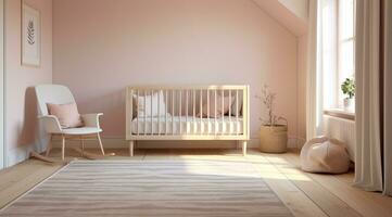 einfach, Rosa Baby Schlafzimmer mit Kinderbett und Teppich. foto
