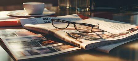 Zeitschriften auf Tabelle mit Brille. foto