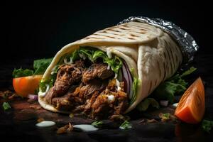 selektiv Fokus von Rindfleisch Steak Burritos mit Gemüse foto