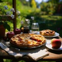 frisch gebacken Apfel Kuchen auf ein rustikal Tisch. generativ ai foto