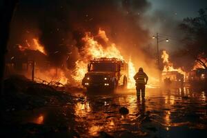 Feuerwehrleute Kampf Flamme mit Schlauch ai generiert foto