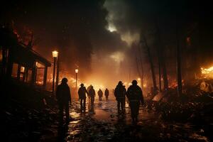 Wald Feuer im das dunkel, Feuerwehrleute auf Pflicht, kämpfen das Flamme ai generiert foto