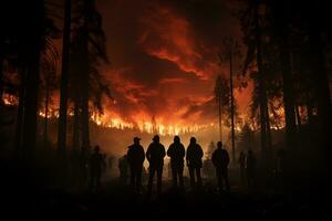 silhouettiert Zuschauer Aussicht Wald Feuer beim Nacht ai generiert foto