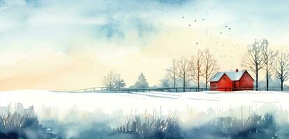 ein Aquarell Illustration von ein rot Bauernhof Haus und Kiefer Bäume foto