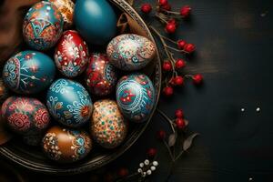 elegant traditionell Frühling Dekoration geschmückt mit Ostern Eier. generativ ai. foto