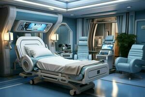 Krankenhaus Wiederherstellung Zimmer, neural Netzwerk entworfen, rühmt sich komfortabel Betten und Ausrüstung ai generiert foto