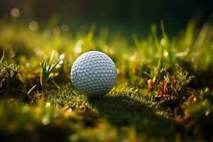 von der Sonne geküsst Golf Verein und Ball auf Grün ai generiert foto