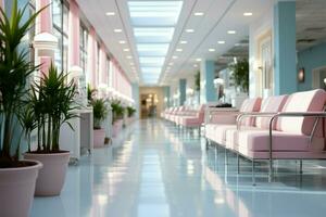 Luxus Krankenhaus Gang mit abstrakt verwischen, ausströmend ein heiter medizinisch Ambiente ai generiert foto