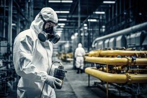 chemisch Spezialist tragen Sicherheit Uniform und Gas Maske inspizieren chemisch Leck im Industrie Fabrik foto